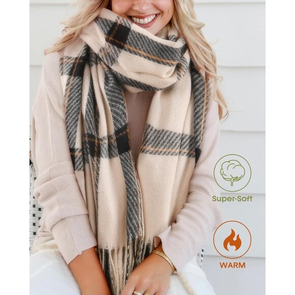 Winter Scarf Women's Shawl Cashmere Feel Tassel Plaid Oversized Scarves Beige - Picture 2 of 6